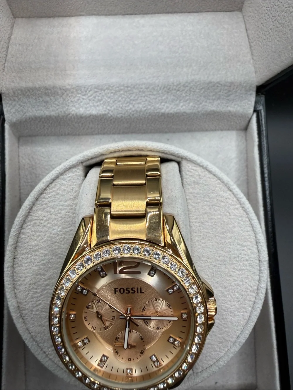 Fossil Riley ES2811 Gold Tone Crystal Watch Womens 38.6mm Rose Dial Multi 10 ATM